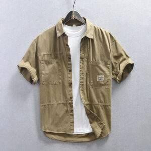 Men's Casual Safari Style Short Sleeve Shirt - 100% Cotton Turn-down Collar