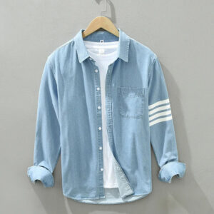 Men's Long Sleeve Denim Shirt - Pure Cotton Casual Stripes Button-Up
