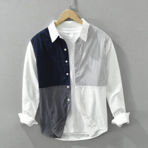 Men's Fashion Patchwork Long Sleeve Shirt - Loose Cotton Casual Shirt