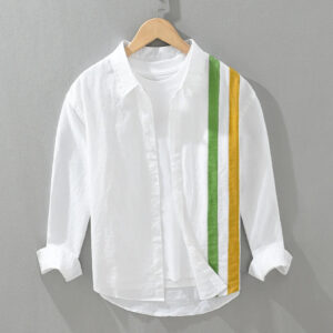 Men's 100% Linen Long Sleeve Shirt - Loose Fit Striped Patchwork Shirt