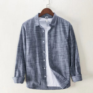 Men's Long Sleeve Solid Color Shirt - 100% Cotton Turn-down Collar Vintage Top