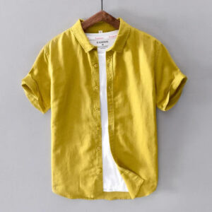 Men's Cotton Linen Short Sleeve Shirt - Yellow Turn-down Collar Summer Top