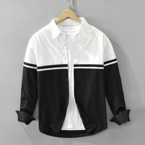 Men's Black White Patchwork Long Sleeve Shirt - Loose All-match Classic Shirt