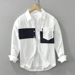 Men's Casual Patchwork Long Sleeve Shirt - Cotton Turn-down Collar Vintage Shirt