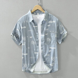 Men's Letter Print Short Sleeve Shirt - Cotton Casual Loose Fit