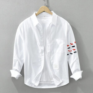 Men's Fashion White Long Sleeve Shirt - Loose Embroidery Cotton Casual Shirt
