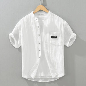 Men's Lyocell Stand Collar Short Sleeve Shirt - Plus Size Casual Loose Fit